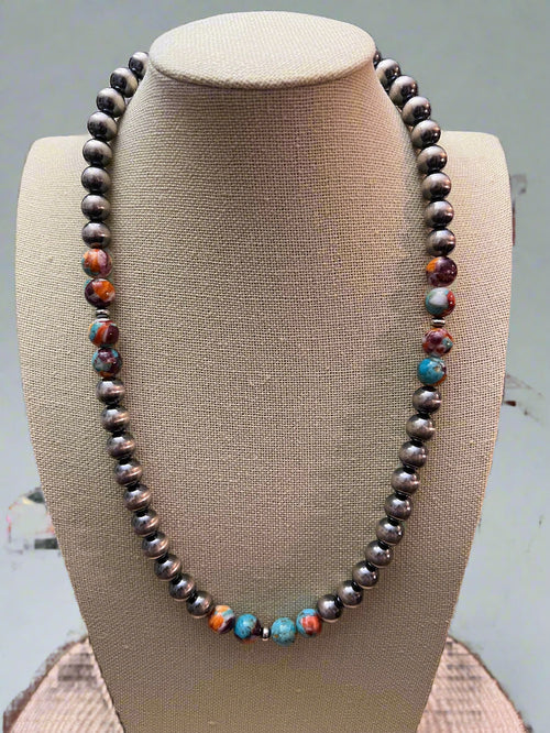 8mm Sterling Silver Pearls necklace with turquoise and spiny Mohave - 21 inch