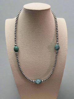 5mm Sterling silver pearls, Sterling Saucers, and turquoise - 23 inch