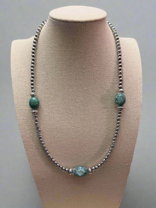 5mm Sterling silver pearls, Sterling Saucers, and turquoise - 23 inch