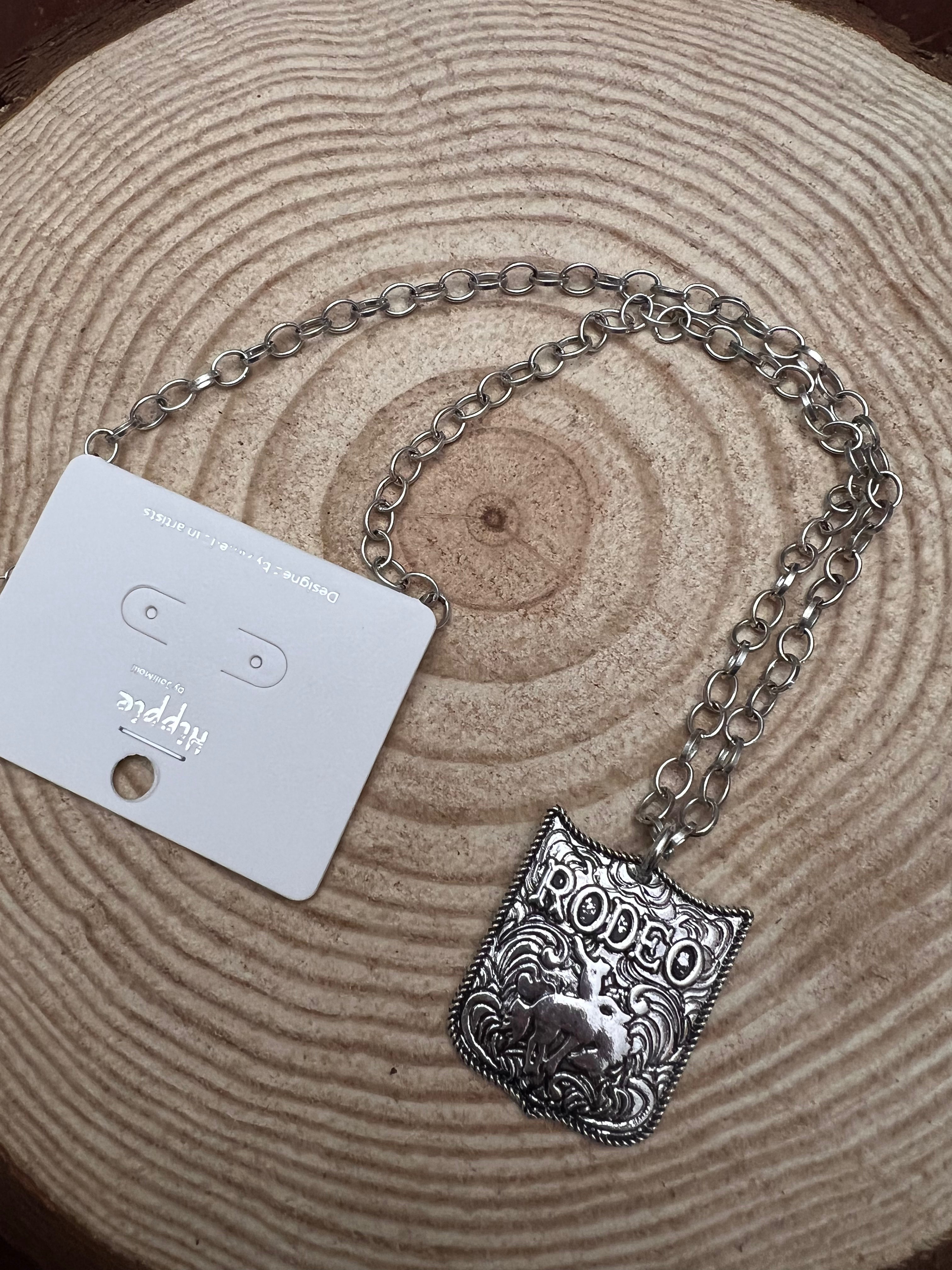 Western Rodeo Pendant Necklace (Silver color) - 22 inch + 3