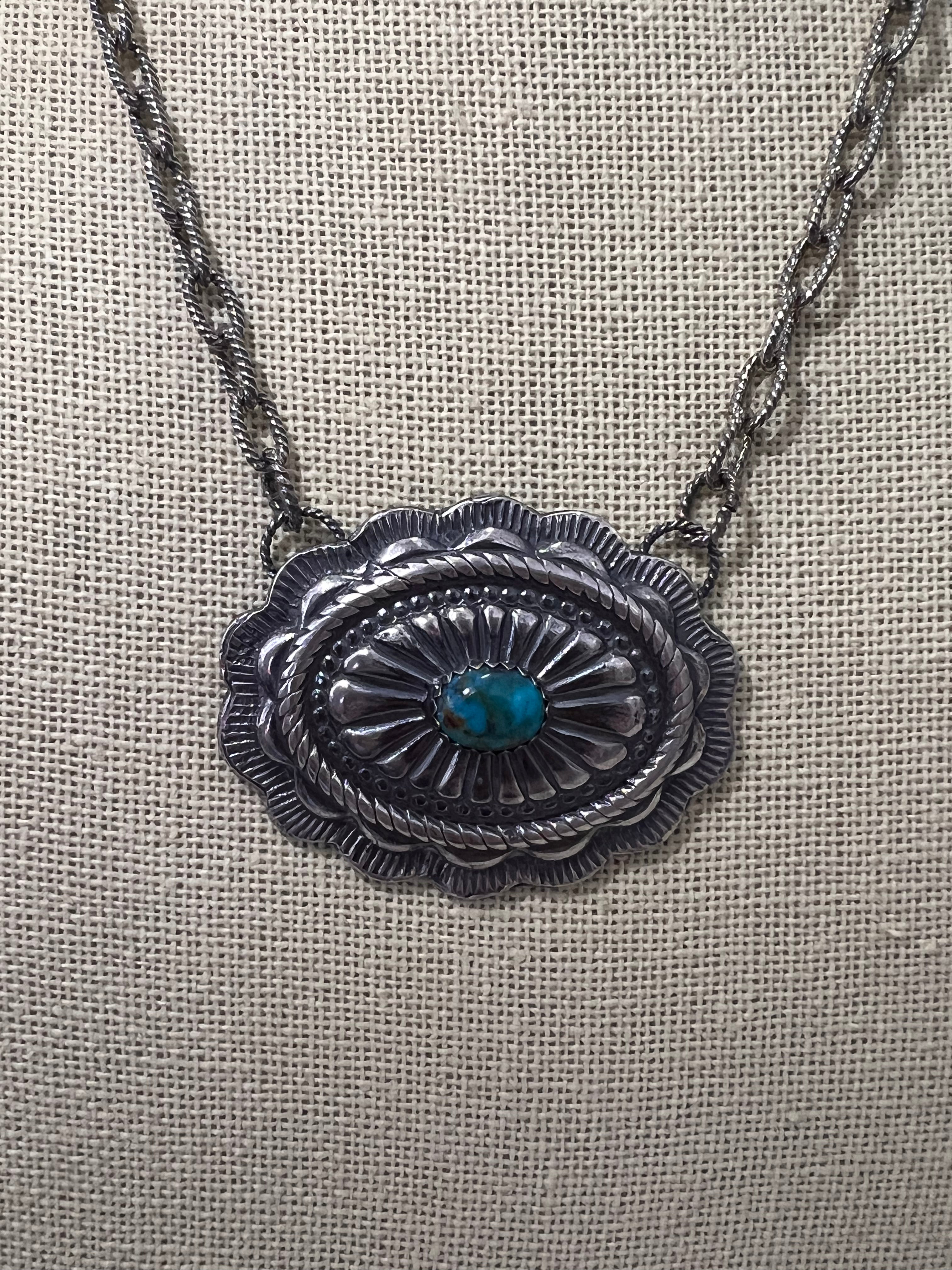 Sterling Concho and Kingman Turquoise Necklace - 18 inch