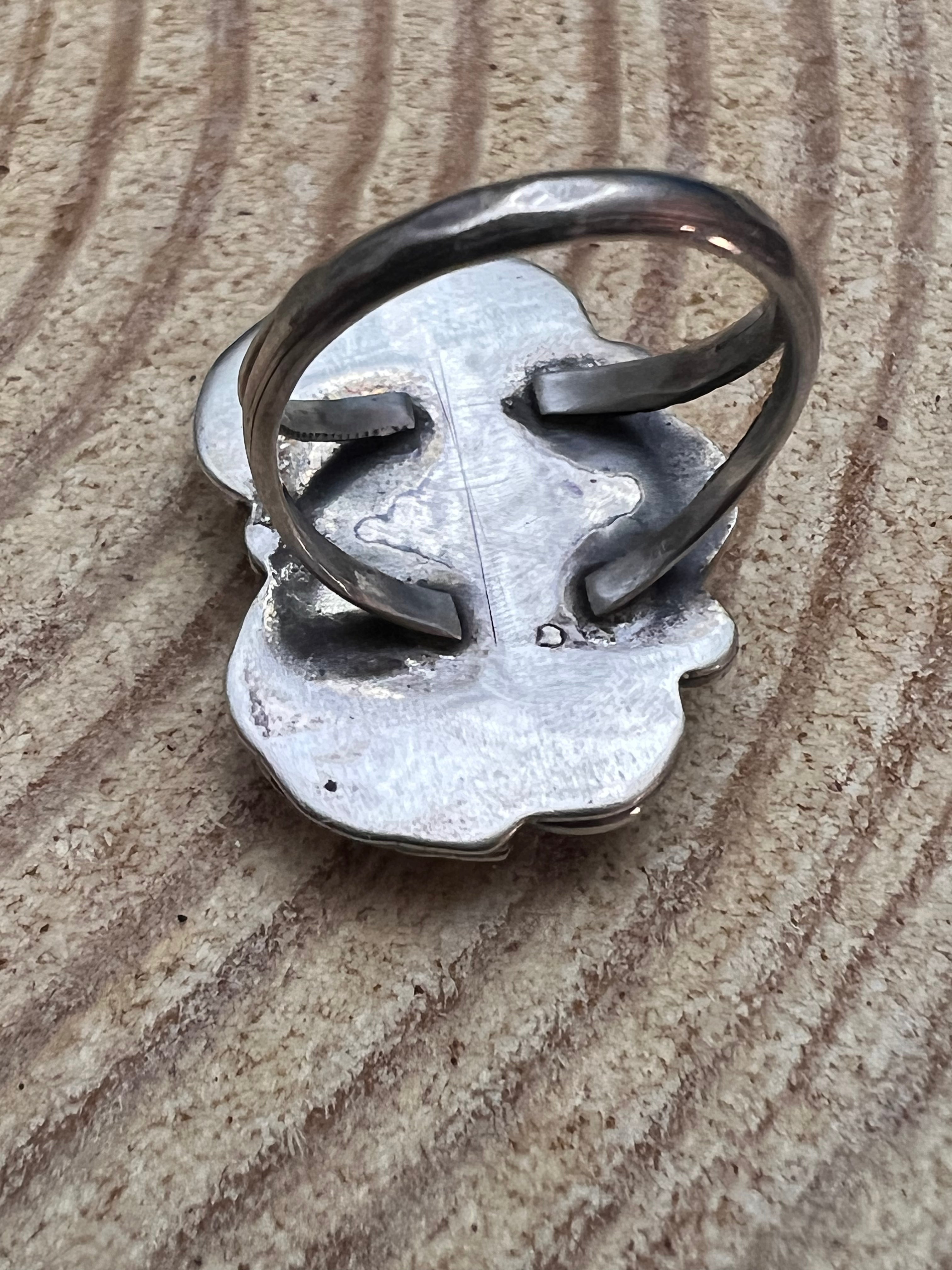 Coral and Sterling Leaf Ring - Stamped LJ - Size 6