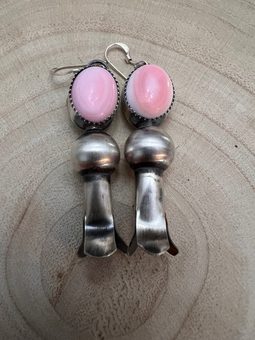 Navajo Handmade Pink Conch Squash Blossom Earrings by Tia Long