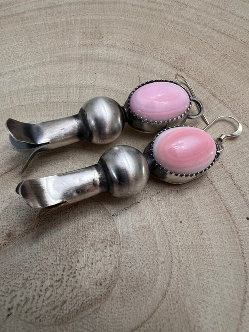Navajo Handmade Pink Conch Squash Blossom Earrings by Tia Long