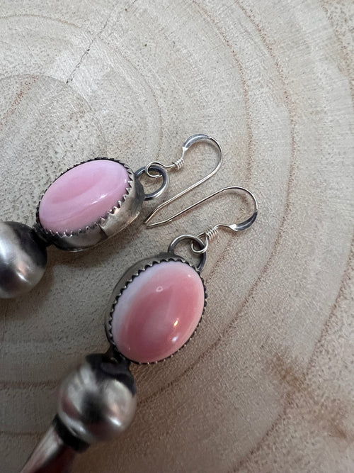 Navajo Handmade Pink Conch Squash Blossom Earrings by Tia Long