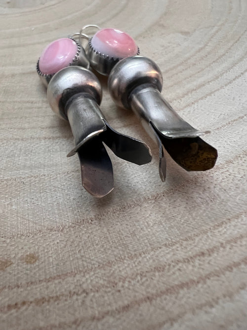 Navajo Handmade Pink Conch Squash Blossom Earrings by Tia Long