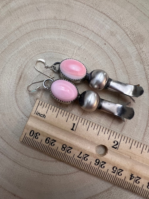 Navajo Handmade Pink Conch Squash Blossom Earrings by Tia Long