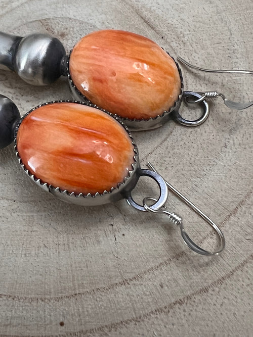 Navajo Handmade Spiny Oyster Squash Blossom Earrings by Tia Long