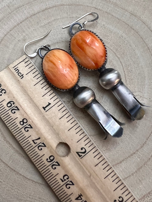 Navajo Handmade Spiny Oyster Squash Blossom Earrings by Tia Long