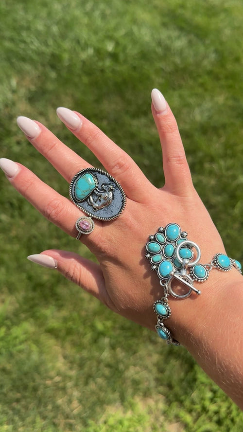 Western Buffalo and Faux Turquoise Nugget Adjustable Ring
