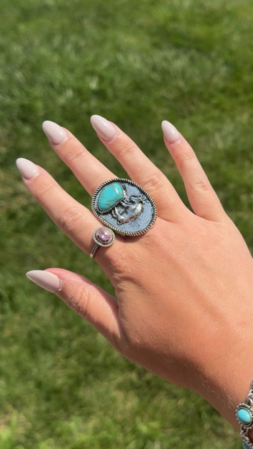 Western Buffalo and Faux Turquoise Nugget Adjustable Ring