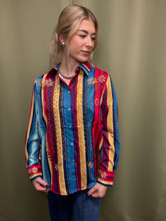 Red Turquoise Serape Pearl Snap Button Down Embroidered Top