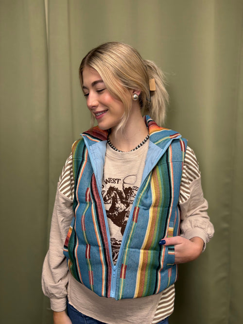 Jade Serape Woven Zip-Up Sleeveless Puffer Vest