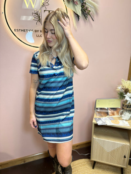 Western Blue Serape Printed Collared Dress W Pockets