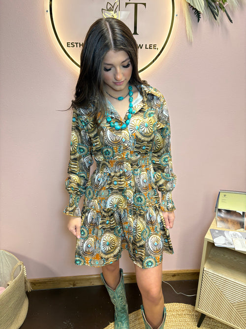 Concho Printed Collared Ruffle Button Down Dress