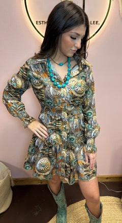 Concho Printed Collared Ruffle Button Down Dress
