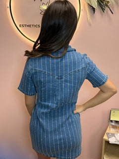Denim Rhinestone Striped Detailed Collared Dress