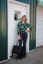 Green Cactus Bulgari V Neck Collared Top