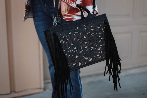 Trinity Ranch Floral Tooled Fringe Concealed Carry Tote/Crossbody