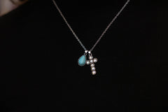 Western Rhinestone Cross and Faux Turquoise Dangle Necklace