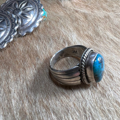 Turquoise ring - gorgeous big cabochon on wide starburst sterling band - JM Hallmark -Size 8.5