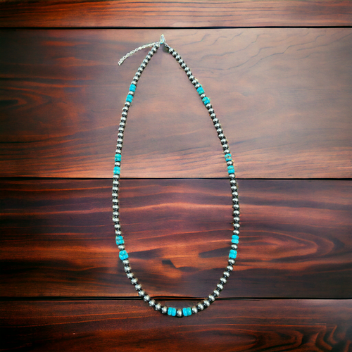 6 mm Sterling Silver Pearls necklace with turquoise rondelles - 23 inch