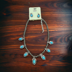 Faux Silver Pearl and Turquoise Necklace Set - 16 inch necklace