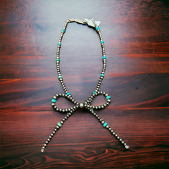 Turquoise Bow Sterling Pearl Necklace - 15 inch