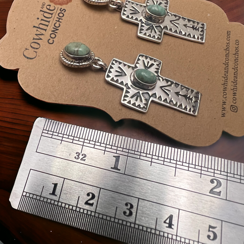 Sterling Hand Stamped Cross and Green Turquoise Post Earrings