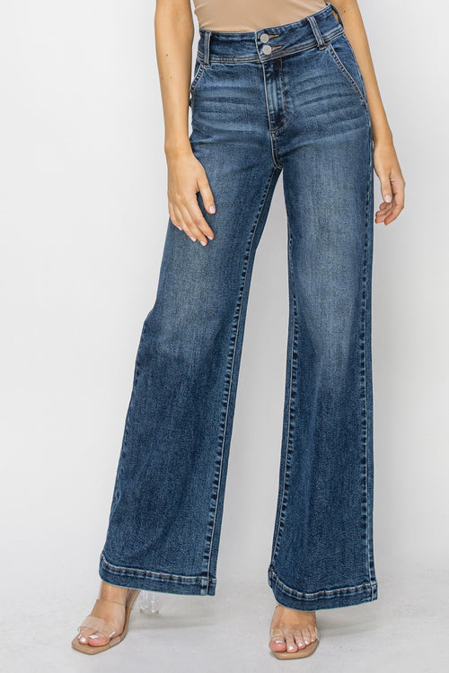 Risen High Rise Double Button Wide Leg Jeans