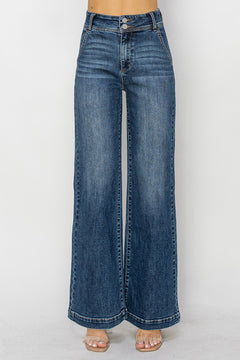 Risen High Rise Double Button Wide Leg Jeans