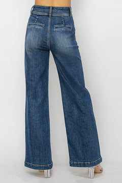 Risen High Rise Double Button Wide Leg Jeans