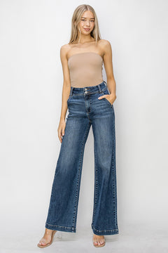 Risen High Rise Double Button Wide Leg Jeans