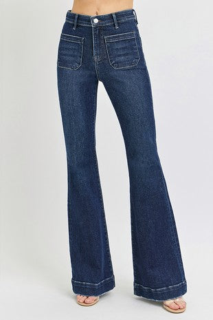 Risen High Waist Patch Pocket Flare Jeans