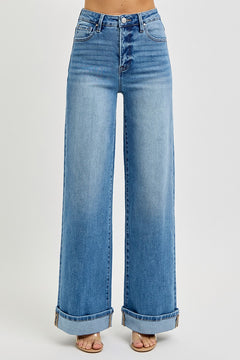 Risen High Rise Wide Leg Cuffed Jeans