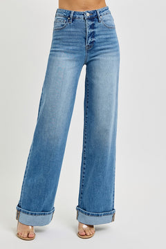 Risen High Rise Wide Leg Cuffed Jeans