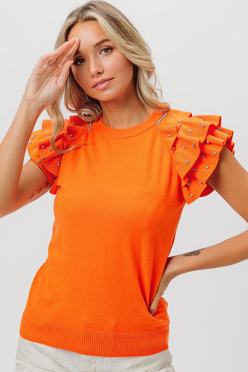 Rhinestone Ruffled Rib Knit Top