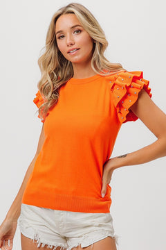 Rhinestone Ruffled Rib Knit Top