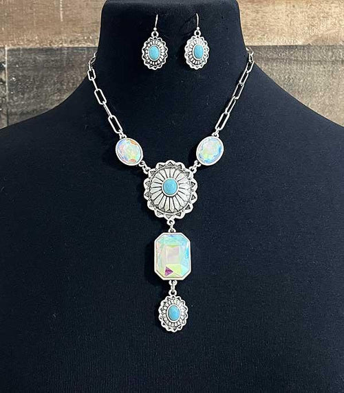 Rhinestone Concho Necklace & Earrings Set