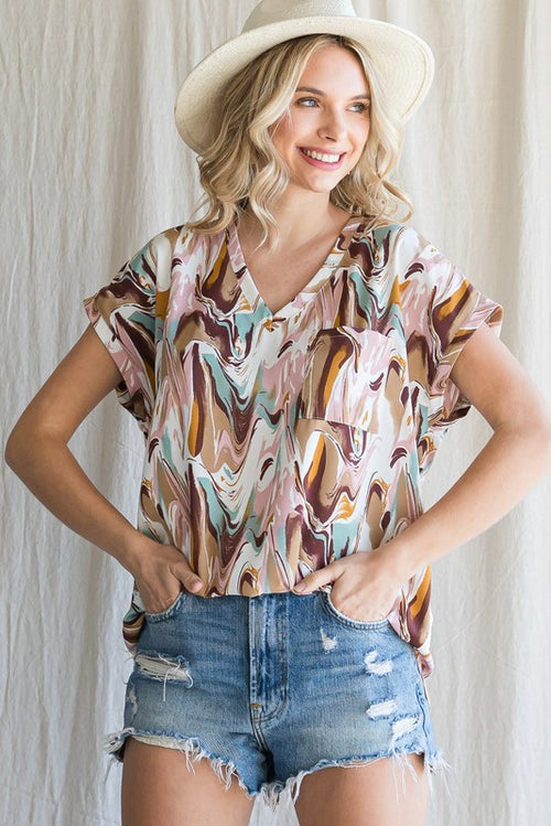 Swirl Print Cap Sleeve Pocket Top