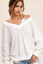 Loose Fit V-neck Waffle Textured Long Sleeve Top