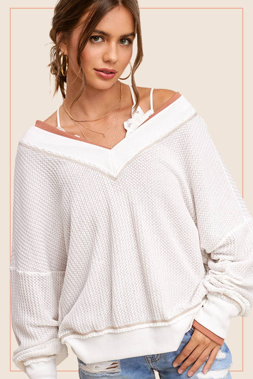 Loose Fit V-neck Waffle Textured Long Sleeve Top