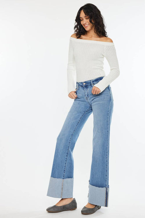 Kan Can Mid Rise Wide Flare Cuff Jeans