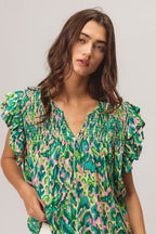 Abstract Layered Ruffle Sleeve Top - Small and Medium remaining - Cowhide and Conchos