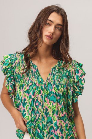 Abstract Layered Ruffle Sleeve Top - Small and Medium remaining - Cowhide and Conchos