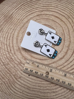 Ace of Spaces and Faux Turquoise Earrings - 2 inch drop - Cowhide and Conchos