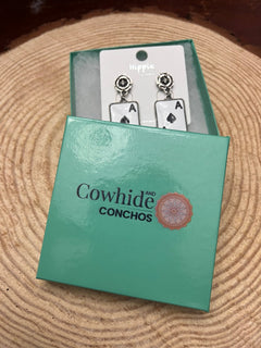 Ace of Spaces and Faux Turquoise Earrings - 2 inch drop - Cowhide and Conchos