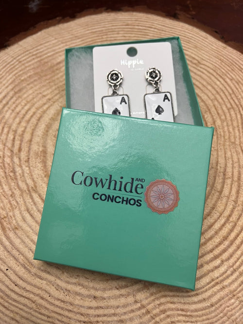 Ace of Spaces and Faux Turquoise Earrings - 2 inch drop - Cowhide and Conchos