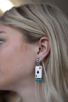 Ace of Spaces and Faux Turquoise Earrings - 2 inch drop - Cowhide and Conchos