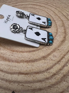 Ace of Spaces and Faux Turquoise Earrings - 2 inch drop - Cowhide and Conchos